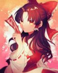  1girl absurdres bangs bow brown_hair detached_sleeves eyebrows_visible_through_hair floating_hair frilled_bow frilled_hair_tubes frills from_side hair_bow hair_intakes hair_tubes hakurei_reimu highres hitosaji holding long_hair long_sleeves print_bow red_bow red_eyes red_shirt ribbon-trimmed_sleeves ribbon_trim shiny shiny_hair shirt sleeveless sleeveless_shirt solo touhou upper_body white_sleeves 