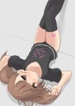  1girl absurdres black_legwear black_panties black_shirt brown_eyes brown_hair child highres leg_tattoo looking_at_viewer lying on_back original panties renga_(yakihebi) shirt short_hair short_sleeves solo tattoo thigh-highs twintails underwear yakihebi 