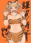  1girl animal_ears bangs bare_legs bare_shoulders bikini blonde_hair blush boku_no_hero_academia breasts claw_pose collarbone double_bun fangs groin highres midriff navel new_year simple_background solo swimsuit tail tecotecoto tiger_ears tiger_stripes tiger_tail toga_himiko yellow_eyes 