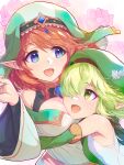  2girls :d aoi_(princess_connect!) beret blue_eyes blush breasts elf floral_background green_eyes green_hair hair_over_one_eye hat highres hug looking_at_another medium_breasts misato_(princess_connect!) multiple_girls open_mouth orange_hair pointy_ears princess_connect! small_breasts smile upper_body wide_sleeves yako_noir_(kei-ne) 