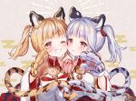  2girls animal_ears animal_hands bai_(granblue_fantasy) bangs blonde_hair blush brown_gloves chinese_zodiac cidala_(granblue_fantasy) closed_mouth commentary_request detached_sleeves dress egasumi eyebrows_visible_through_hair fur-trimmed_gloves fur-trimmed_sleeves fur_trim gloves granblue_fantasy grin huang_(granblue_fantasy) long_sleeves looking_at_viewer masuishi_kinoto multiple_girls one_eye_closed paw_gloves pleated_dress red_dress red_eyes side_ponytail silver_hair single_glove smile tail tiger_ears tiger_girl tiger_tail white_gloves white_sleeves wide_sleeves year_of_the_tiger 