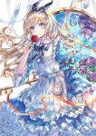  1girl absurdres alice_(alice_in_wonderland) alice_in_wonderland bangs black_ribbon blonde_hair blue_eyes cat clock closed_mouth commentary eyebrows_visible_through_hair feet_out_of_frame flower grin hairband heterochromia highres holding holding_ribbon key light_blush long_hair looking_at_viewer neck_ribbon orange_ribbon ribbon rose smile suzushina upside-down violet_(flower) white_background 