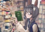  1girl :c animal_ears bangs black-framed_eyewear black_hair blue_eyes blue_sweater blunt_bangs blurry blurry_background book book_stack braid collared_shirt commentary_request depth_of_field french_braid from_side glasses hair_ornament highres holding holding_book horse_ears ikanoshiokara light_frown long_hair long_sleeves looking_at_viewer looking_to_the_side pile_of_books puffy_long_sleeves puffy_sleeves shirt signature sleeveless sleeveless_sweater solo sweater sweater_vest turtleneck umamusume upper_body white_shirt zenno_rob_roy_(umamusume) 