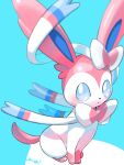  blue_background blue_eyes blurry blush closed_mouth commentary_request highres looking_at_viewer no_humans pokemon pokemon_(creature) sitting solo surumeika_(ninfiiiir) sylveon toes 