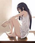  1girl bangs bare_legs barefoot black_hair blunt_bangs blush closed_mouth from_side full_body highres hime_cut long_hair ny0r0ny0r0 original profile shiny shiny_hair shirt short_shorts shorts sleeveless sleeveless_shirt soles solo straight_hair sweatdrop very_long_hair violet_eyes white_shirt white_shorts 