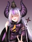  1girl absurdres bangs black_horns buttons crow_(la+_darknesss) demon_girl demon_horns double-breasted eyebrows_visible_through_hair hair_between_eyes highres hololive horns la+_darknesss long_hair looking_at_viewer multicolored_hair pointy_ears purple_hair sera4 silver_hair sleeves_past_fingers sleeves_past_wrists smirk smug solo straight_hair streaked_hair striped_horns tail v virtual_youtuber wide_sleeves yellow_eyes 