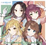  4girls :d :o album_cover bangs black_hair blonde_hair blue_eyes braid brown_hair cover cue! eyebrows_visible_through_hair gloves green_eyes highres hinakura_riko kamuro_aya miyaji_mahoro multiple_girls redhead short_hair smile white_gloves yomine_miharu 