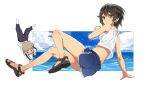  1boy 1girl bangs bare_legs black_hair blue_shorts blue_sky closed_mouth clouds crop_top eyebrows_visible_through_hair frown full_body hair_between_eyes looking_at_viewer midriff ny0r0ny0r0 ocean red_eyes shiny shiny_hair shiny_skin short_hair short_shorts shorts sky sleeveless solo_focus tank_top white_tank_top 