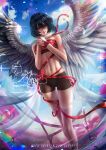  1girl asymmetrical_wings axsen bangs banned_artist bike_shorts black_hair black_shorts black_wings blue_sky brown_eyes closed_mouth clouds feathered_wings hair_between_eyes highres looking_to_the_side medium_hair midriff mikasa_ackerman navel panties_under_shorts red_ribbon ribbon shingeki_no_kyojin shiny shiny_hair short_shorts shorts signature sky smile solo standing stomach thigh-highs thigh_gap web_address white_legwear white_wings wings 