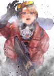  1girl absurdres ace_of_sparks_wattson animification apex_legends black_gloves blonde_hair blue_eyes breath dust eyebrows_visible_through_hair gloves goggles goggles_on_head gun highres holding holding_gun holding_weapon jacket kawaniwa mask mask_around_neck open_mouth purple_headwear red_jacket rifle scar scar_on_cheek scar_on_face scope sentinel_esr smile sniper_rifle solo wattson_(apex_legends) weapon 