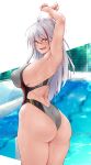  1girl absurdres antenna_hair armpits arms_up ass azur_lane commentary_request competition_swimsuit cowboy_shot eyebrows_visible_through_hair from_behind grey_swimsuit highleg highleg_swimsuit highres long_hair looking_at_viewer multicolored_hair one-piece_swimsuit orange_eyes oriue_wato presenting_armpit prinz_eugen_(azur_lane) red_eyes revision silver_hair solo streaked_hair swimsuit two_side_up wet 