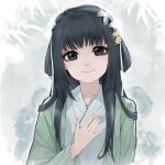 1girl bangs black_eyes black_hair blunt_bangs closed_mouth eyebrows_visible_through_hair floral_background flower hair_flower hair_ornament hair_rings hand_on_own_chest hand_up highres japanese_clothes kimono long_hair open_clothes original revision smile solo too-ye white_flower white_kimono 