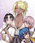  1girl 3boys ahoge anger_vein black_hair blonde_hair blue_eyes blue_hair blush breasts bubble_tea commentary_request dark-skinned_female dark_skin drinking_straw eyebrows_visible_through_hair gloves hair_between_eyes highres ikemeru19 jewelry large_breasts looking_at_another looking_at_breasts milestone_celebration multiple_boys necklace one_eye_closed open_mouth original pink_hair ponytail teeth tongue 