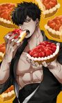 1boy absurdres black_hair commentary_request covered_abs doudanuki_masakuni eating food food_focus fruit hair_between_eyes highres holding holding_food japanese_clothes kimono looking_at_viewer meguo_(guyutyankani) midriff_sarashi open_clothes open_kimono pectoral_cleavage pectorals pie pie_slice sarashi scar scar_on_arm scar_on_chest scar_on_face scar_on_nose solo strawberry strawberry_pie toned toned_male touken_ranbu upper_body whipped_cream 