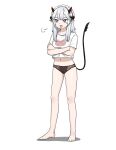  1girl :d =3 anyan_(jooho) black_panties blue_eyes crossed_arms fang full_body grey_hair highres horns long_hair no_pants panties pointy_ears shirt simple_background skin_fang smile solo standing tail underwear vei_(vtuber) virtual_youtuber vshojo white_background white_shirt 