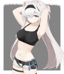  1girl absurdres animal_ears arknights armpits arms_behind_head arms_up aurora_(arknights) bangs bare_arms bare_shoulders bear_ears belt black_belt blue_eyes border breasts collarbone commentary cowboy_shot eyebrows_visible_through_hair eyes_visible_through_hair grey_background grey_shorts hair_over_one_eye highres large_breasts long_hair looking_at_viewer midriff navel outside_border pouch short_shorts shorts silver_hair simple_background smile solo solution1988 sports_bra standing stomach thigh_strap very_long_hair white_border 
