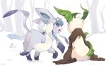  :d breath brown_scarf cold commentary_request day fang glaceon hideko_(l33l3b) highres leafeon no_humans open_mouth outdoors pokemon pokemon_(creature) scarf signature sitting smile snow standing tongue twitter_username white_scarf 
