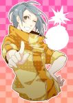  1boy bakudan_handan brown_eyes buttons checkered_background commentary_request grey_hair grin hand_on_hip kurose_(cha_no_yu) mole mole_under_eye one_eye_closed orange_sweater pointing pointing_at_viewer simple_background smile solo sweater two-tone_sweater upper_body wakasa_towa yellow_sweater 