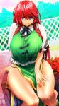  1girl arm_behind_back bangs bare_legs blue_eyes blurry blurry_background braid breasts closed_mouth collared_shirt dutch_angle feet_out_of_frame flower frilled_sleeves frills hand_rest highres hong_meiling huge_breasts koyubi_(littlefinger1988) long_hair looking_at_viewer neck_ribbon no_headwear panty_straps parted_bangs redhead ribbon scar scar_on_arm scar_on_cheek scar_on_face scar_on_leg shirt short_sleeves sitting skindentation skirt smile solo taut_clothes taut_vest touhou twin_braids very_long_hair vest wing_collar 