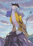 claws clouds commentary_request day highres mo~zu no_humans orange_eyes outdoors pokemon pokemon_(creature) raikou rock sky solo standing tusks 