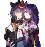  2girls animal_ears bangs black_hair blush braid breasts cat_ears eyebrows_visible_through_hair genshin_impact hair_between_eyes hair_ornament highres japanese_clothes kimono kujou_sara large_breasts long_hair mask mole mole_under_eye multiple_girls purple_hair raiden_shogun short_hair tengu_mask tia_(tia_1207) violet_eyes white_background yellow_eyes yuri 