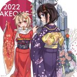  2022 2girls ahoge alternate_costume black_hair black_ribbon blonde_hair blue_eyes blush braid brown_hair camera commentary_request eyebrows_visible_through_hair floral_print hair_between_eyes hair_flaps hair_ornament hair_over_shoulder hair_ribbon hairclip highres japanese_clothes kantai_collection kimono long_hair long_sleeves looking_at_viewer looking_back messy_hair multiple_girls new_year obi open_mouth ponytail purple_kimono red_eyes red_kimono remodel_(kantai_collection) ribbon sash scarf shigure_(kancolle) single_braid smile straight_hair sugue_tettou white_scarf yuudachi_(kancolle) 