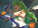  1girl bare_shoulders detached_sleeves frog_hair_ornament gohei green_eyes green_hair hair_between_eyes hair_ornament highres holding holding_stick kochiya_sanae kureihii long_hair looking_to_the_side one_eye_covered open_mouth revision solo stick touhou upper_body 