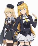  2girls absurdres arm_behind_back arm_up ash_arms bangs black_headwear black_jacket black_legwear black_necktie blonde_hair blue_eyes blue_jacket blush character_request check_character closed_mouth eyebrows_visible_through_hair feet_out_of_frame garter_straps girls_frontline gloves green_eyes hair_ornament hairclip hat highres jacket long_hair looking_at_another looking_at_viewer military military_hat military_uniform multiple_girls necktie open_clothes open_jacket open_mouth shirt skirt smile standing stg44_(girls&#039;_frontline) teeth the_void_to_fly thigh-highs tiger_h_(ash_arms) uniform white_background white_gloves white_shirt white_skirt yellow_necktie 