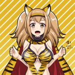  1girl animal_ears animal_print artist_name blush breasts brown_eyes cape dated fangs hair_between_eyes i-26_(kancolle) kantai_collection large_breasts light_brown_hair long_hair o-ring open_mouth signature solo tiger_ears tiger_print tk8d32 two_side_up upper_body 