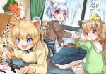 +_+ 3girls :d :t animal_ears bangs blonde_hair blue_eyes blurry blurry_background blush breasts brown_hair brown_sailor_collar brown_shirt calligraphy_brush cat_ears cat_girl cat_tail chopsticks closed_mouth commentary_request curtains day depth_of_field eating eyebrows_visible_through_hair food green_sweater hair_between_eyes hair_ornament hair_scrunchie highres holding holding_chopsticks holding_paintbrush indoors kadomatsu kagami_mochi long_hair low_twintails multiple_girls original paintbrush pleated_skirt red_eyes red_scrunchie redhead sailor_collar scrunchie shirt sitting skirt small_breasts smile sora_(silent_square) sweater tail thigh-highs translation_request twintails very_long_hair wavy_mouth white_legwear white_sailor_collar white_skirt window 