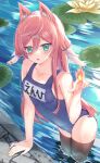  1girl absurdres animal_ears bare_shoulders blush breasts cat_ears competition_swimsuit fire genshin_impact green_eyes hair_between_eyes half-closed_eyes highres lily_pad long_hair looking_at_viewer one-piece_swimsuit open_mouth partially_submerged pink_hair school_swimsuit shishitou small_breasts solo swimsuit thigh-highs water wet yanfei_(genshin_impact) 
