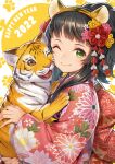  1girl 2022 ;) animal animal_ear_fluff animal_ears bangs black_hair chinese_zodiac closed_mouth commentary fake_animal_ears floral_print green_eyes hagure_keg hairband happy_new_year highres japanese_clothes kimono long_hair long_sleeves looking_at_viewer new_year one_eye_closed orange_background orange_hairband original paw_print paw_print_background print_kimono red_kimono smile solo tiger tiger_ears two-tone_background upper_body white_background wide_sleeves year_of_the_tiger 