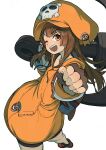  1girl absurdres anchor anchor_symbol backpack bag black_shorts brown_eyes brown_hair cowboy_shot fingerless_gloves from_above gloves guilty_gear guilty_gear_strive highres hood hoodie long_hair looking_at_viewer may_(guilty_gear) nakahara_kaihei one_eye_closed open_mouth orange_headwear orange_hoodie shoes short_shorts shorts simple_background skull_and_crossbones smile solo white_background 