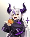  1girl ahoge altronage black_jacket braid burger demon_girl eating fang food highres hololive holox horns jacket la+_darknesss long_hair multicolored_hair oversized_clothes pointy_ears sparkle streaked_hair striped_horns virtual_youtuber white_hair yellow_eyes 