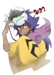  1boy 2022 absurdres alternate_costume bangs bright_pupils chinese_zodiac closed_mouth commentary_request dark-skinned_male dark_skin facial_hair hand_up highres leon_(pokemon) long_hair looking_back male_focus mask mask_on_head pokemon pokemon_(game) pokemon_swsh purple_hair raikou smile solo white_pupils wide_sleeves xxxkanno08xxx year_of_the_tiger yellow_eyes 