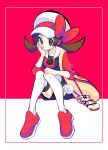  1girl blue_overalls bow brown_eyes brown_hair cabbie_hat closed_mouth collarbone commentary_request framed hat hat_bow highres kamota_(momokomati) knees_together_feet_apart long_hair lyra_(pokemon) overalls pokegear pokemon pokemon_(game) pokemon_hgss red_background red_bow red_footwear red_shirt shirt shoes sitting smile solo thigh-highs twintails white_headwear white_legwear yellow_bag 