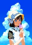  1girl :p apron backlighting bangs black_hair blue_eyes blue_sky blunt_bangs blunt_ends bob_cut bow closed_mouth clouds cloudy_sky dappled_sunlight day eating food frilled_apron frills from_side hair_between_eyes hands_up hat hat_bow hat_ribbon holding holding_food horizontal_stripes ice_cream ice_cream_cone looking_away looking_down maeya_susumu maid maid-san_wa_taberu_dake maid_apron official_art outdoors puffy_short_sleeves puffy_sleeves ribbon shade short_sleeves sky smile soft_serve solo straight_hair striped striped_bow striped_ribbon summer sun_hat sunlight suzume_(maid-san_wa_taberu_dake) tongue tongue_out upper_body white_apron wing_collar 
