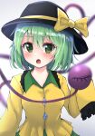  1girl blurry depth_of_field floppy_sleeves green_eyes green_hair hat heart heart_of_string highres houri_sh komeiji_koishi looking_at_viewer open_mouth short_hair simple_background sleeves_past_fingers sleeves_past_wrists solo third_eye touhou white_background 