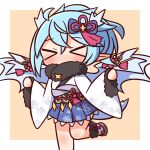  &gt;_&lt; 1girl bangs blue_bow blue_hair blue_skirt blue_wings blush bow brown_background chibi closed_eyes covered_mouth eyebrows_visible_through_hair facing_viewer feet_out_of_frame fur-trimmed_sleeves fur_collar fur_trim hair_between_eyes hair_bow hana_kazari highres japanese_clothes kimono long_sleeves obi pinching_sleeves pleated_skirt pointy_ears princess_connect! sash shefi_(princess_connect!) skirt solo standing standing_on_one_leg two-tone_background white_background white_kimono wide_sleeves wings 