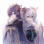  2girls asahina_mafuyu blue_eyes expressionless gloves hair_ornament hatsune_miku heterochromia highres japanese_clothes kimono linch multiple_girls ponytail project_sekai purple_hair ribbon twintails vocaloid white_hair 