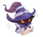  1boy 7mb_yut angry black_skin blue_headwear blue_jacket colored_skin cropped_torso flying_sweatdrops gauntlets grey_background hat holding jacket league_of_legends orange_eyes serious simple_background spikes twitter_username veigar witch_hat yordle 