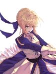 1girl ahoge artoria_pendragon_(all) blonde_hair blue_ribbon breasts cleavage_cutout clothing_cutout excalibur_(fate/stay_night) fate/grand_order fate/stay_night fate_(series) green_eyes hair_bun hair_ribbon holding holding_weapon juliet_sleeves long_sleeves medium_breasts puffy_sleeves ribbon saber solo sword tgb0223 weapon 