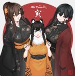  3girls bangs black_hair blue_eyes blush breasts brown_hair fur_collar hayabusa highres japanese_clothes kimono large_breasts long_hair long_sleeves looking_at_viewer multiple_girls obi open_mouth orange_eyes original ponytail sash sidelocks smile violet_eyes wide_sleeves 