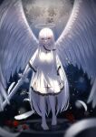  1girl absurdres albino angel angel_wings bandages barefoot closed_mouth commentary dappled_sunlight dress feathers flower full_body halo highres holding holding_sword holding_weapon long_hair original red_eyes rose serious solo sunlight sword tokano_56 translated weapon white_dress white_hair wings 