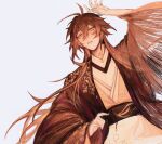  1boy alternate_costume antenna_hair arm_up bright_pupils brown_hair brown_theme eyebrows_visible_through_hair genshin_impact grey_background hair_between_eyes japanese_clothes kimono long_hair long_sleeves lying male_focus ninn_712 on_back parted_lips patterned_clothing simple_background sketch sleeves_past_wrists solo white_pupils wide_sleeves yellow_eyes zhongli_(genshin_impact) 