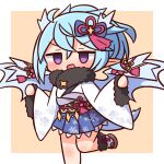  1girl :d bangs blue_bow blue_hair blue_skirt blue_wings blush bow brown_background chibi empty_eyes eyebrows_visible_through_hair feet_out_of_frame fur-trimmed_sleeves fur_collar fur_trim hair_between_eyes hair_bow hana_kazari highres japanese_clothes kimono long_sleeves looking_at_viewer obi pinching_sleeves pleated_skirt pointy_ears princess_connect! sash shefi_(princess_connect!) skirt smile solo standing standing_on_one_leg two-tone_background v-shaped_eyebrows white_background white_kimono wide_sleeves wings 