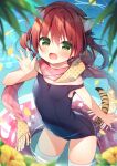  1girl :d animal_ear_fluff animal_ears bangs bare_arms bare_shoulders black_swimsuit blue_bow blurry blurry_foreground blush bow chinese_zodiac commentary_request depth_of_field eyebrows_visible_through_hair fang flower fringe_trim green_eyes hair_between_eyes hair_bow hanamiya_natsuka hand_up innertube kemonomimi_mode long_hair old_school_swimsuit one-piece_swimsuit original petals pink_scarf plaid plaid_scarf polka_dot polka_dot_scarf redhead scarf school_swimsuit smile solo standing strap_slip swimsuit tail thigh-highs tiger_ears tiger_girl tiger_tail twintails wading water white_legwear year_of_the_tiger yellow_flower yellow_scarf 