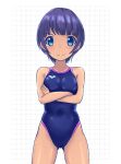  1girl arena_(company) ass_visible_through_thighs black_hair blue_hair blue_swimsuit competition_swimsuit cowboy_shot crossed_arms logo looking_at_viewer one-piece_swimsuit original short_hair simple_background solo split_mouth swimsuit white_background yonesuke_(yonesukesuke) 