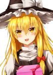  1girl bangs black_headwear black_vest blonde_hair blush bow commentary_request cookie_(touhou) eyebrows_visible_through_hair fang gift hair_between_eyes hair_bow hat hat_bow highres holding holding_gift kirisame_marisa long_hair looking_at_viewer open_mouth red_bow shirt simple_background smile solo szk touhou upper_body uzuki_(cookie) vest white_background white_bow white_shirt witch_hat yellow_eyes 