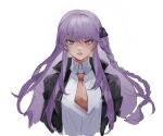  1girl bangs black_jacket black_ribbon braid brown_necktie collared_shirt danganronpa:_trigger_happy_havoc danganronpa_(series) eyebrows_visible_through_hair gloves go_shika_anan grey_background hair_ribbon highres jacket kirigiri_kyouko long_hair looking_at_viewer necktie open_clothes open_jacket parted_lips ribbon shirt simple_background solo teeth violet_eyes 